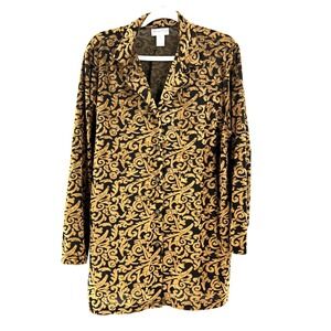 Diane Von Furstenberg Velvet Burnout‎ Tunic Top Women's 1X Gold Button Front USA